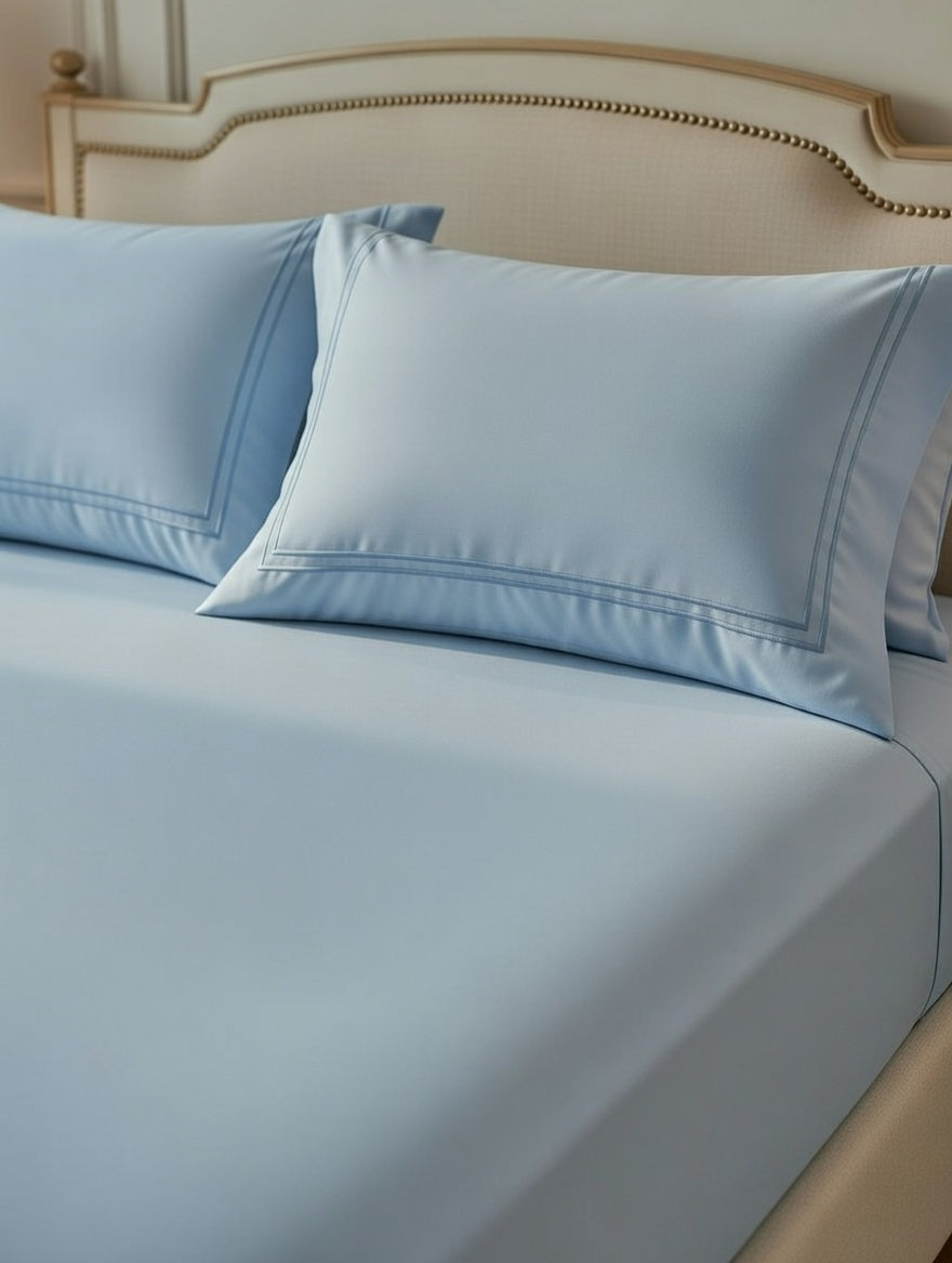 Powder Blue Cotton Embroidery Bedsheet | 300 TC | King Size